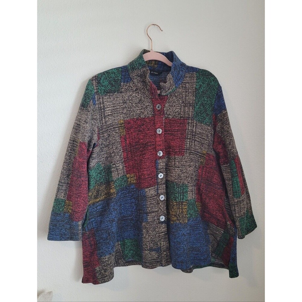 Ali Miles Patchwork Colorblock Knit Jacket Button Up Mock Neck Artsy Lagenlook